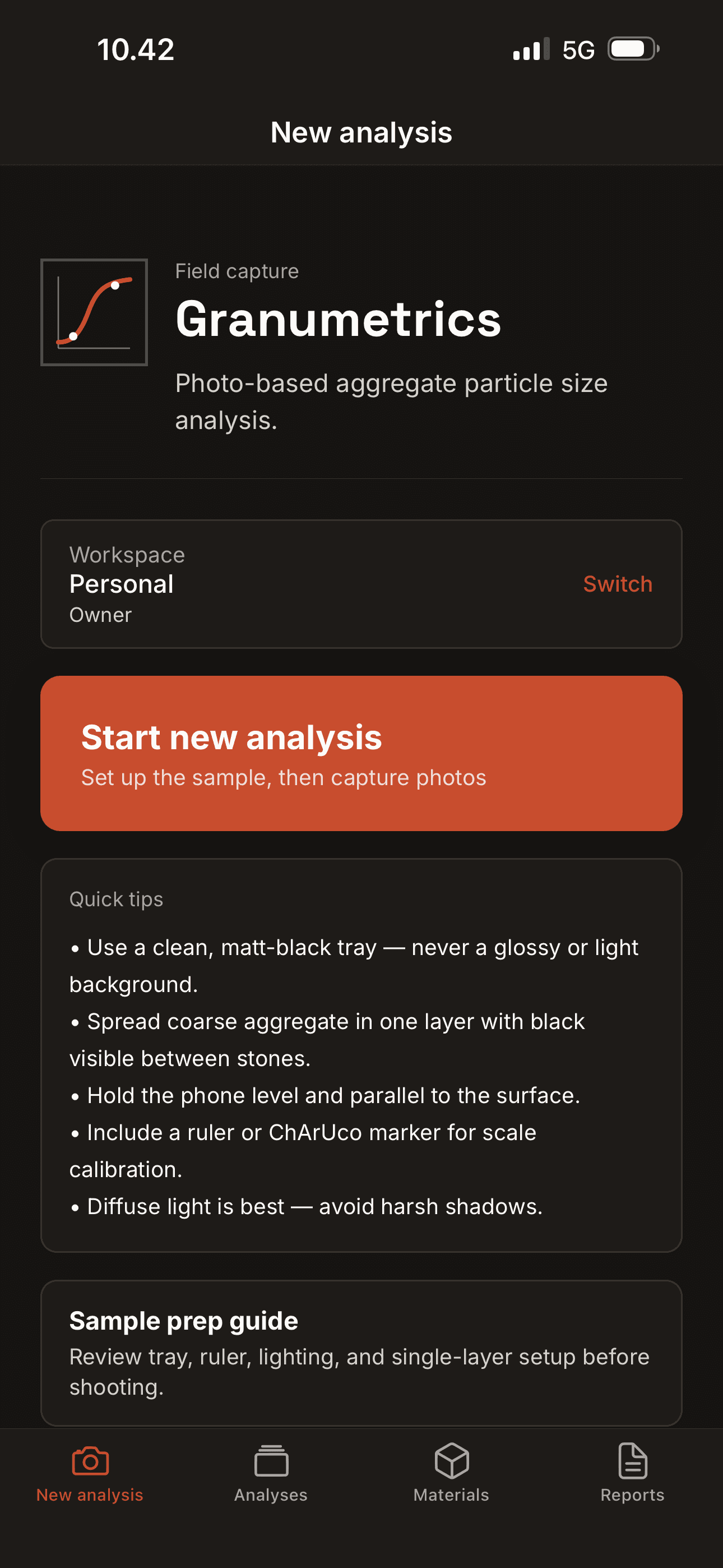 New Analysis screen in the Granumetrics phone app